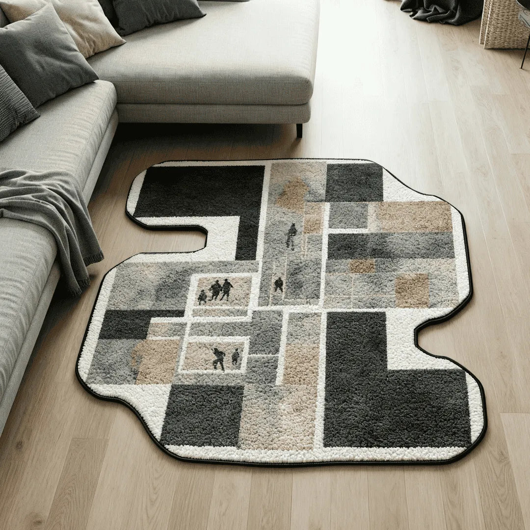 Black white minimalist rug living room
