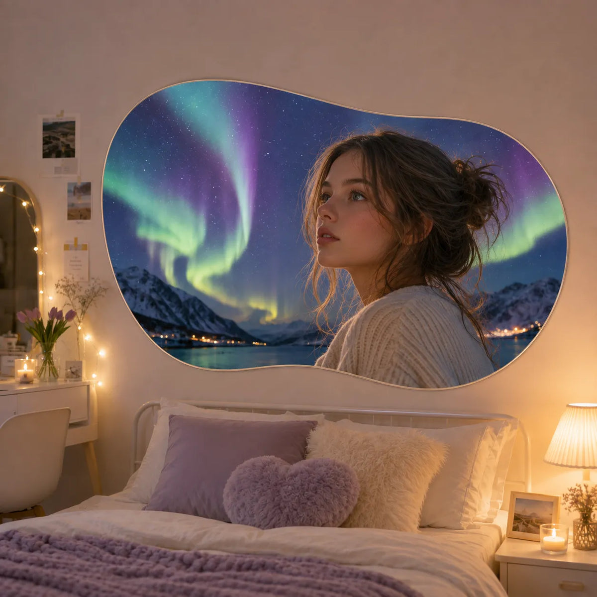 Custom portrait wall rug in an organic shape featuring a girl with an aurora night sky background