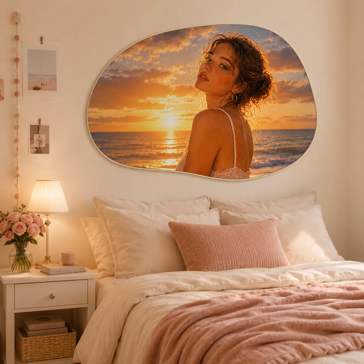 Custom organic pebble portrait wall tapestry with golden sunset photo displayed in a cozy girl’s bedroom