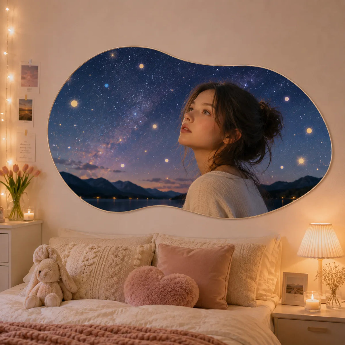 Personalized portrait wall rug in a smooth organic shape with a girl under a starry night sky
