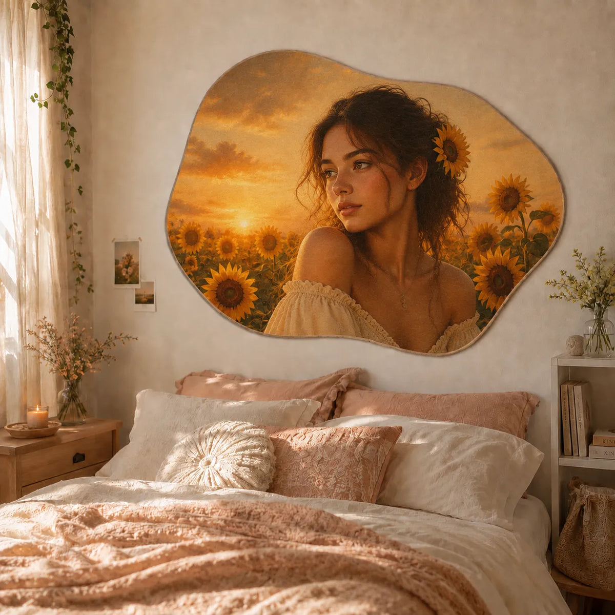 Custom organic shape portrait wall rug featuring a girl in a golden sunflower field at sunset