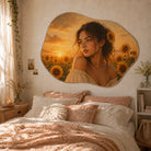 Custom organic shape portrait wall rug featuring a girl in a golden sunflower field at sunset
