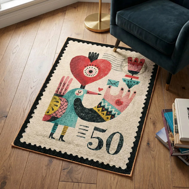 Postmarked Heart – Stamp-Inspired Pop Art Rug | 2.5 x 3.5 ft | Living Room & Reading Nook