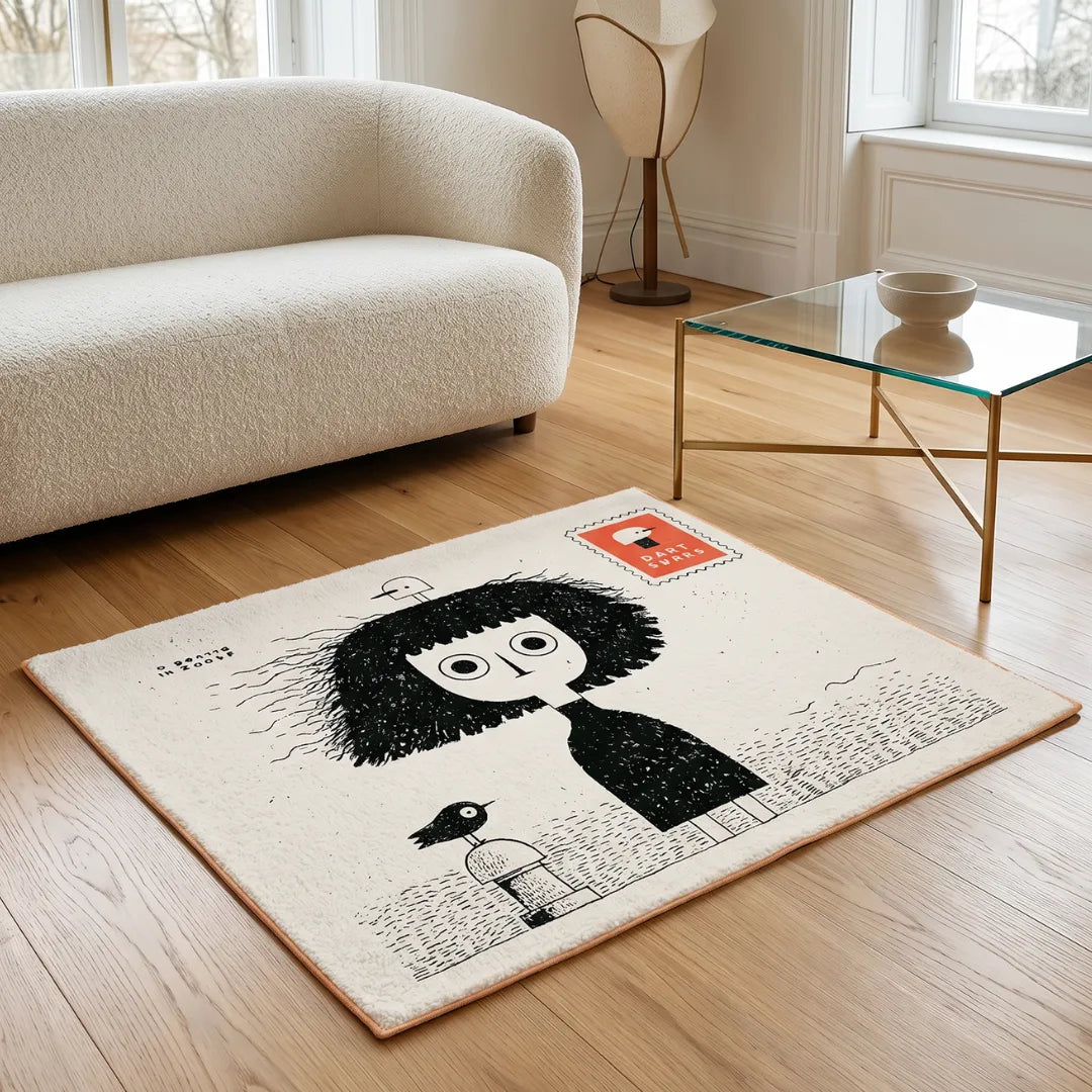 Stamp inspired rug living room