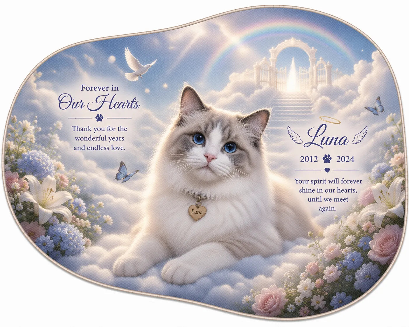 Personalized pet memorial rug featuring a Ragdoll cat resting among heavenly clouds in an organic pebble shape, custom faux cashmere remembrance rug with soft pastel artwork.