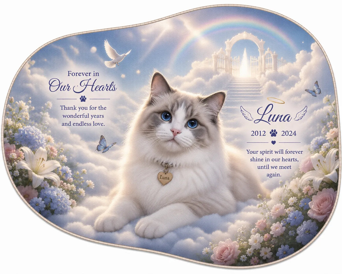 Personalized pet memorial rug featuring a Ragdoll cat resting among heavenly clouds in an organic pebble shape, custom faux cashmere remembrance rug with soft pastel artwork.
