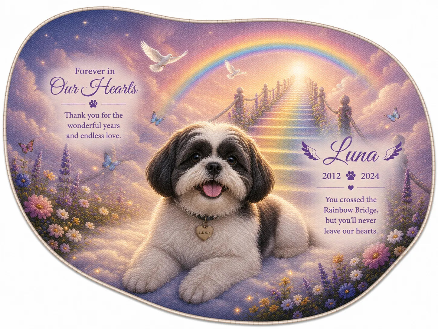 Personalized Rainbow Bridge pet memorial rug featuring a Shih Tzu with a pastel rainbow pathway, organic pebble shaped custom remembrance rug for pet loss.