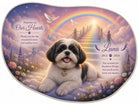 Personalized Rainbow Bridge pet memorial rug featuring a Shih Tzu with a pastel rainbow pathway, organic pebble shaped custom remembrance rug for pet loss.