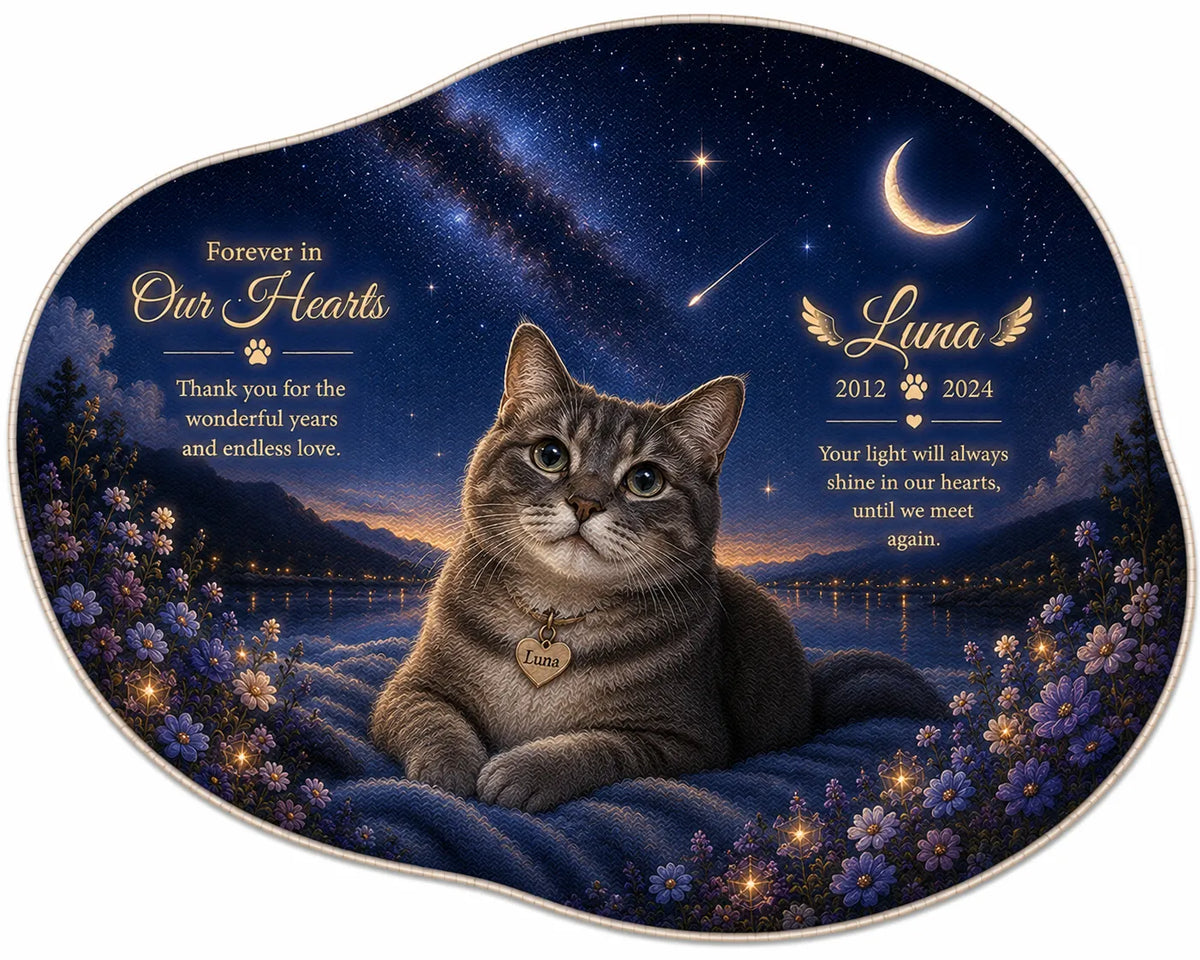 Personalized Starry Night pet memorial rug featuring a tabby cat beneath a moonlit sky, organic pebble shaped faux cashmere remembrance rug with celestial artwork.