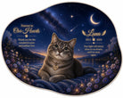 Personalized Starry Night pet memorial rug featuring a tabby cat beneath a moonlit sky, organic pebble shaped faux cashmere remembrance rug with celestial artwork.
