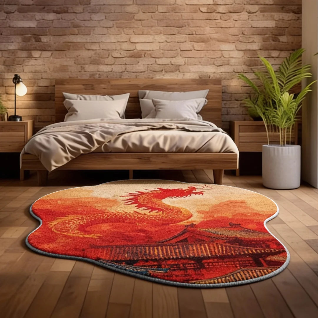 Irregular red dragon rug bedroom