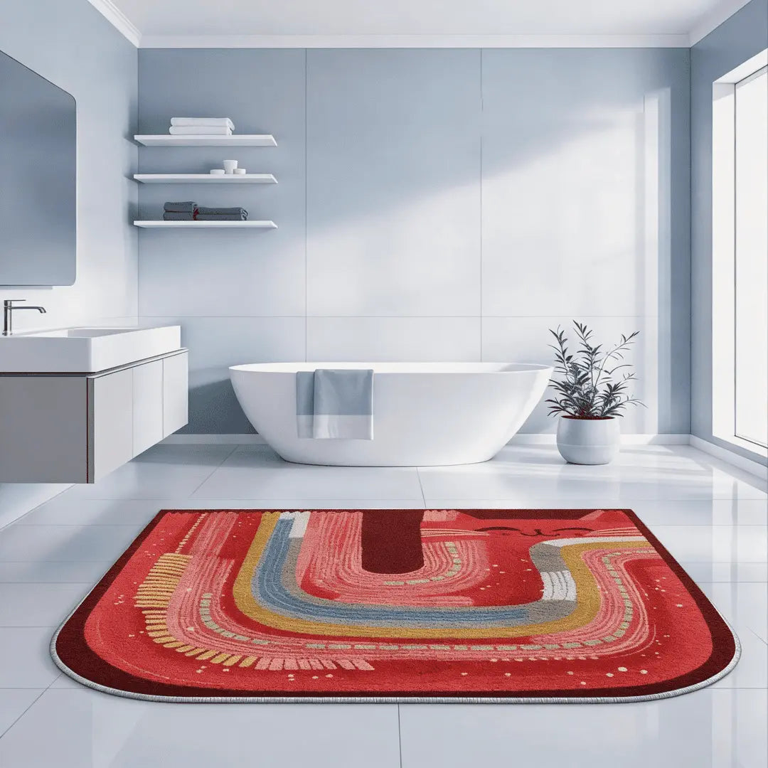 Irregular red cat rug bathroom