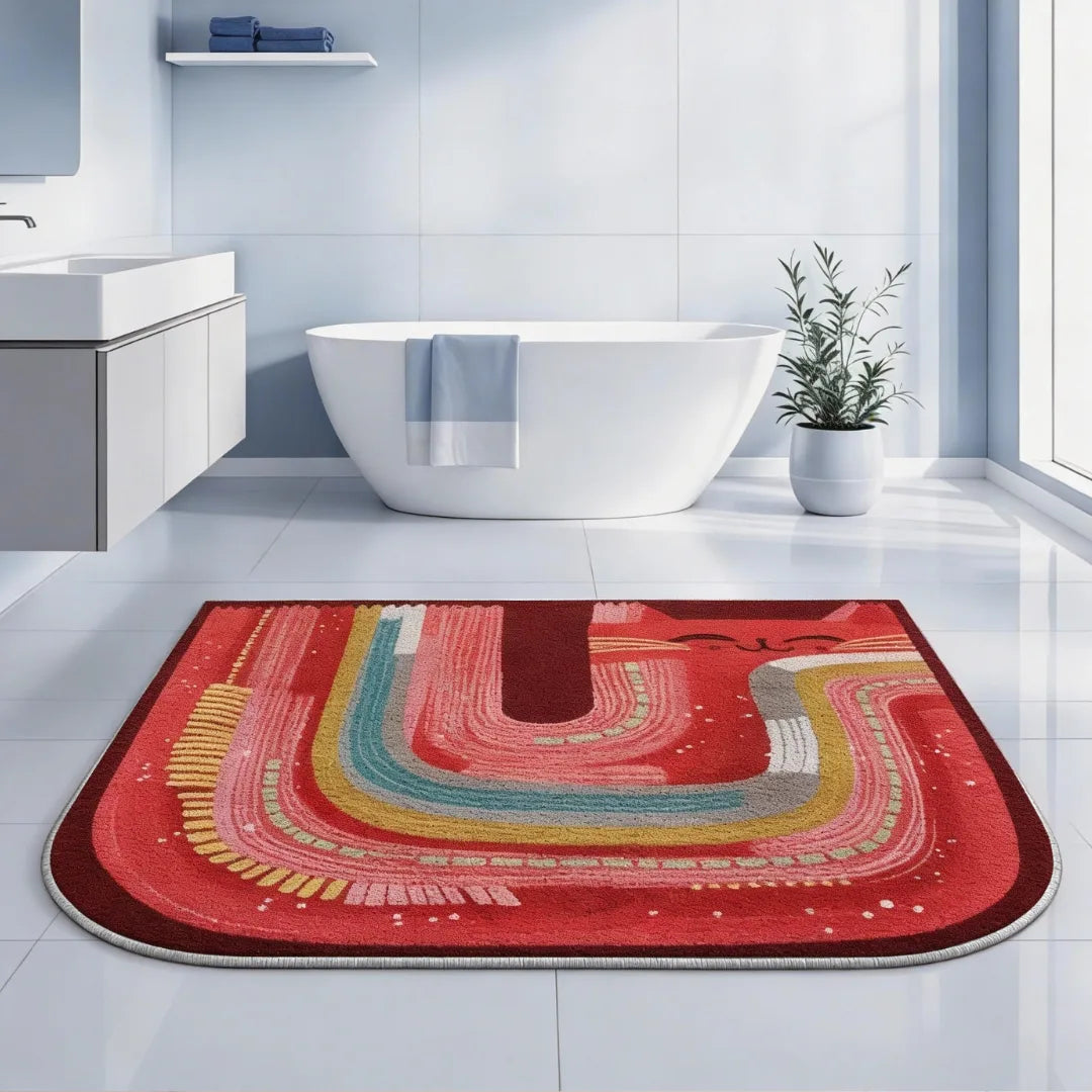 Irregular red cat rug bathroom