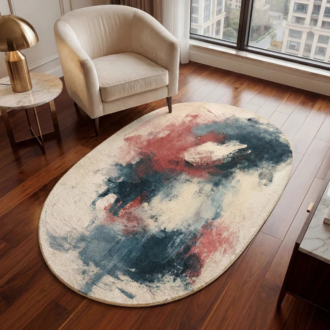 Irregular stamp inspired rug living room