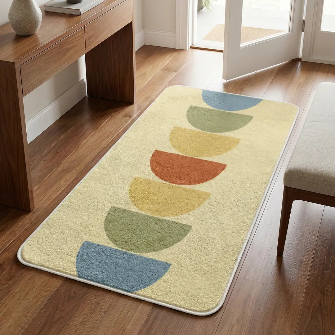 Abstract geometric runner rug placed in a sunlit entryway with warm wood walls and a built-in bench