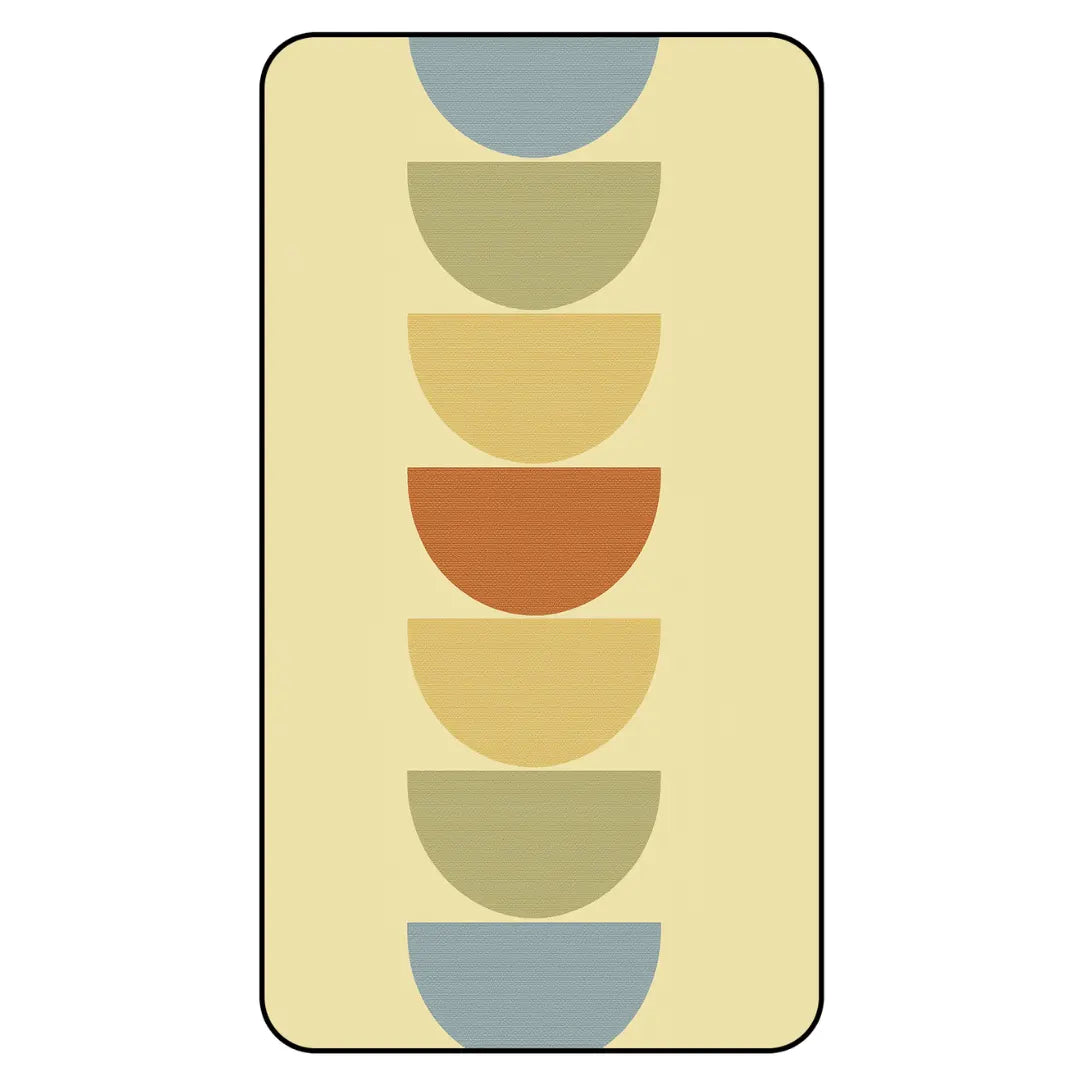 Abstract geometric runner rug featuring stacked half-circle shapes in muted green, mustard, terracotta, and blue tones