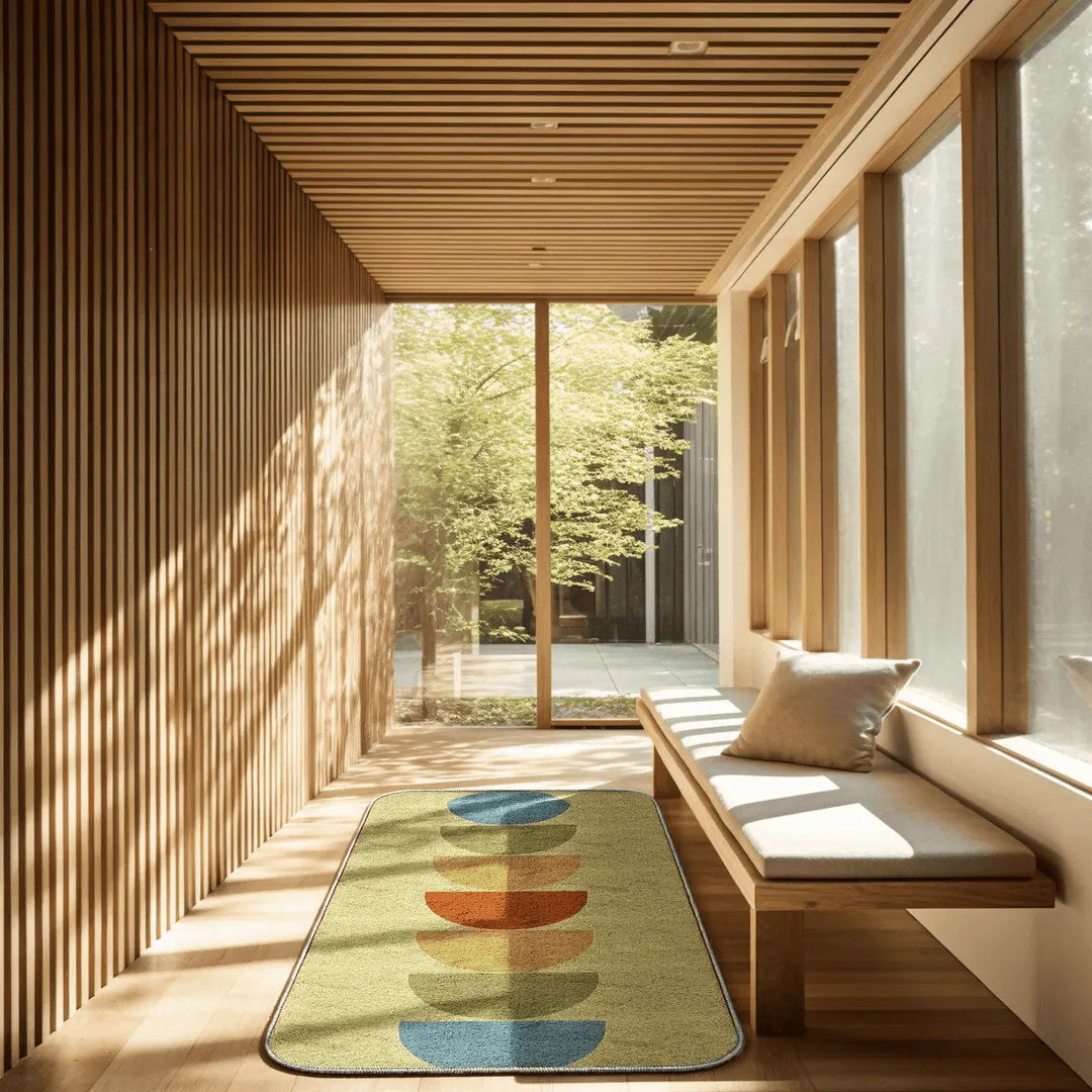 Abstract geometric runner rug placed in a sunlit hallway with warm wood walls and a built-in bench