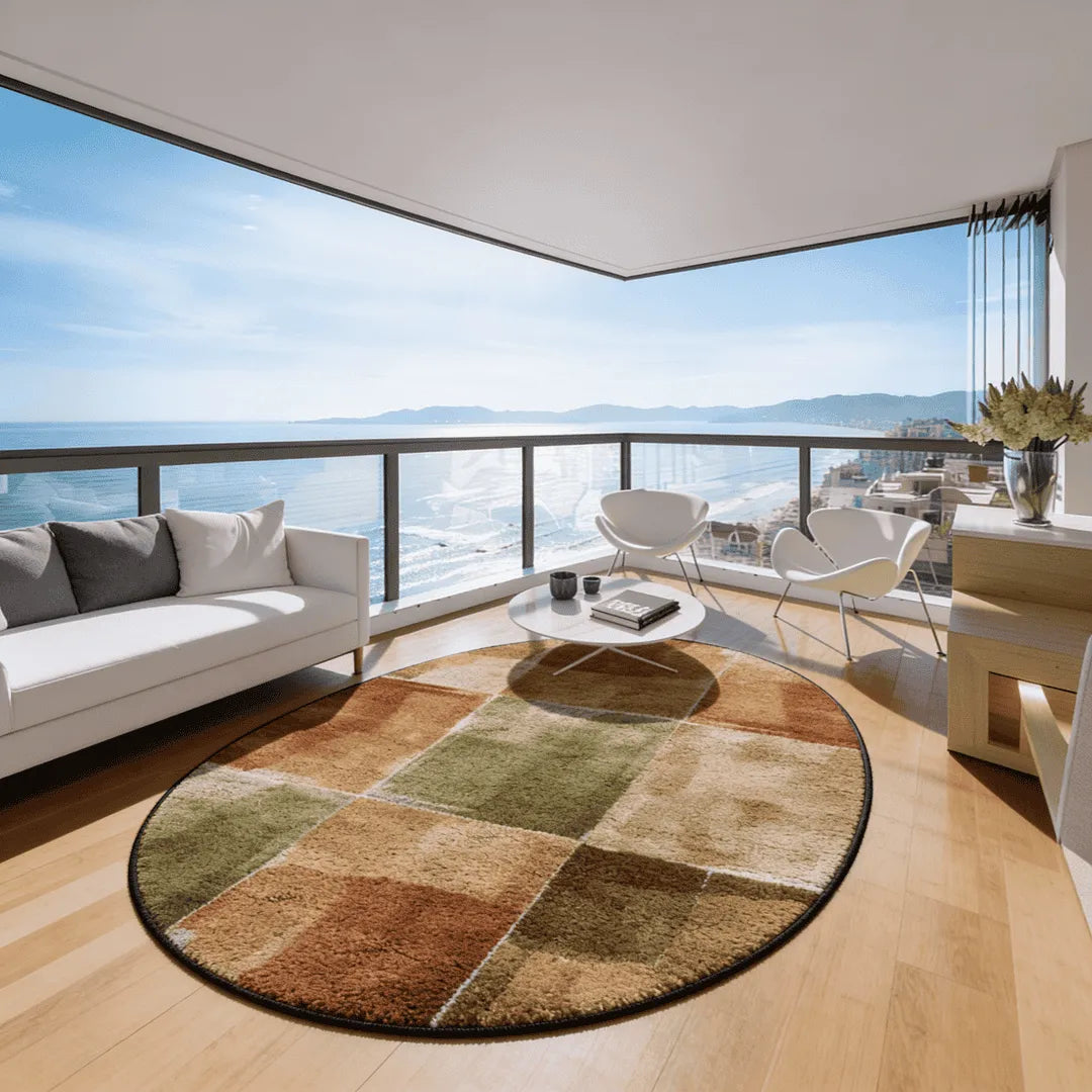 Irregular earthy green and brown rug balcony nook