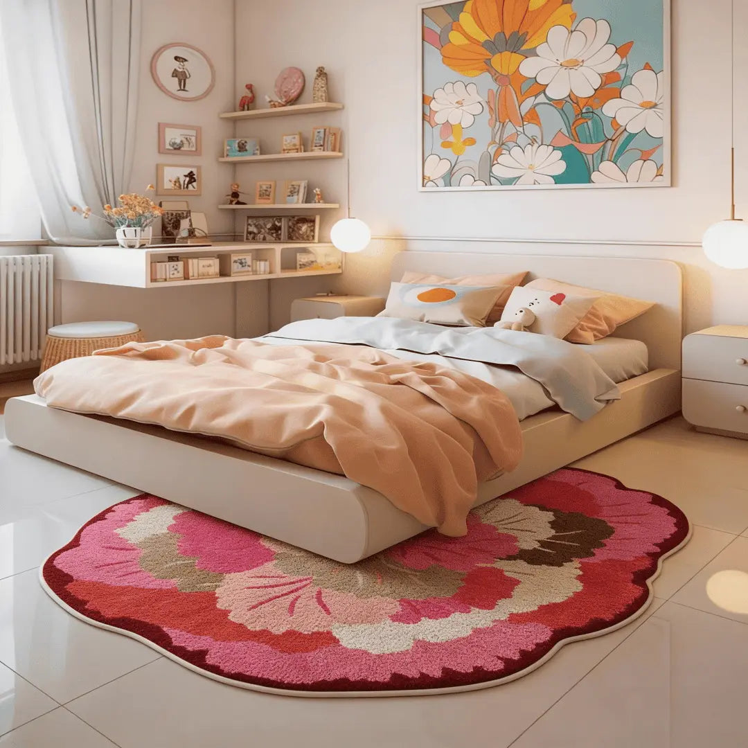 Irregular pink floral rug placed in a cozy bedroom with soft lighting, pastel bedding, and warm decor