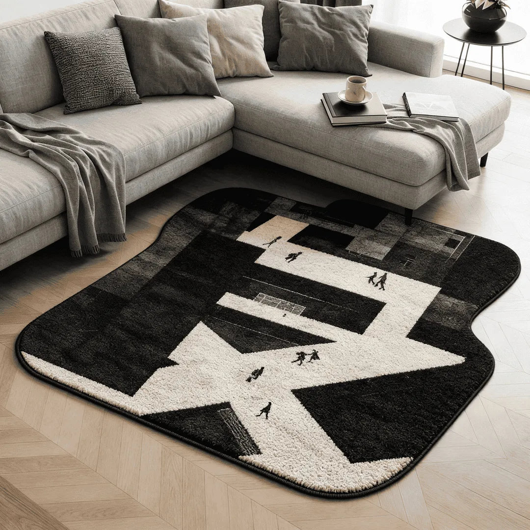 Black white minimalist rug living room