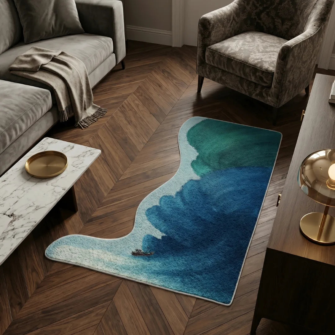 Irregular blue green rug living room
