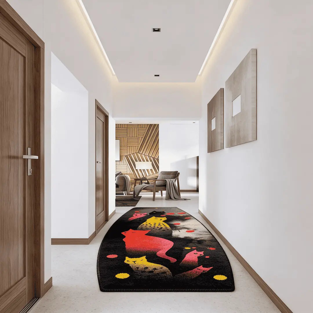 Irregular shadow cat illustration rug hallway entryway