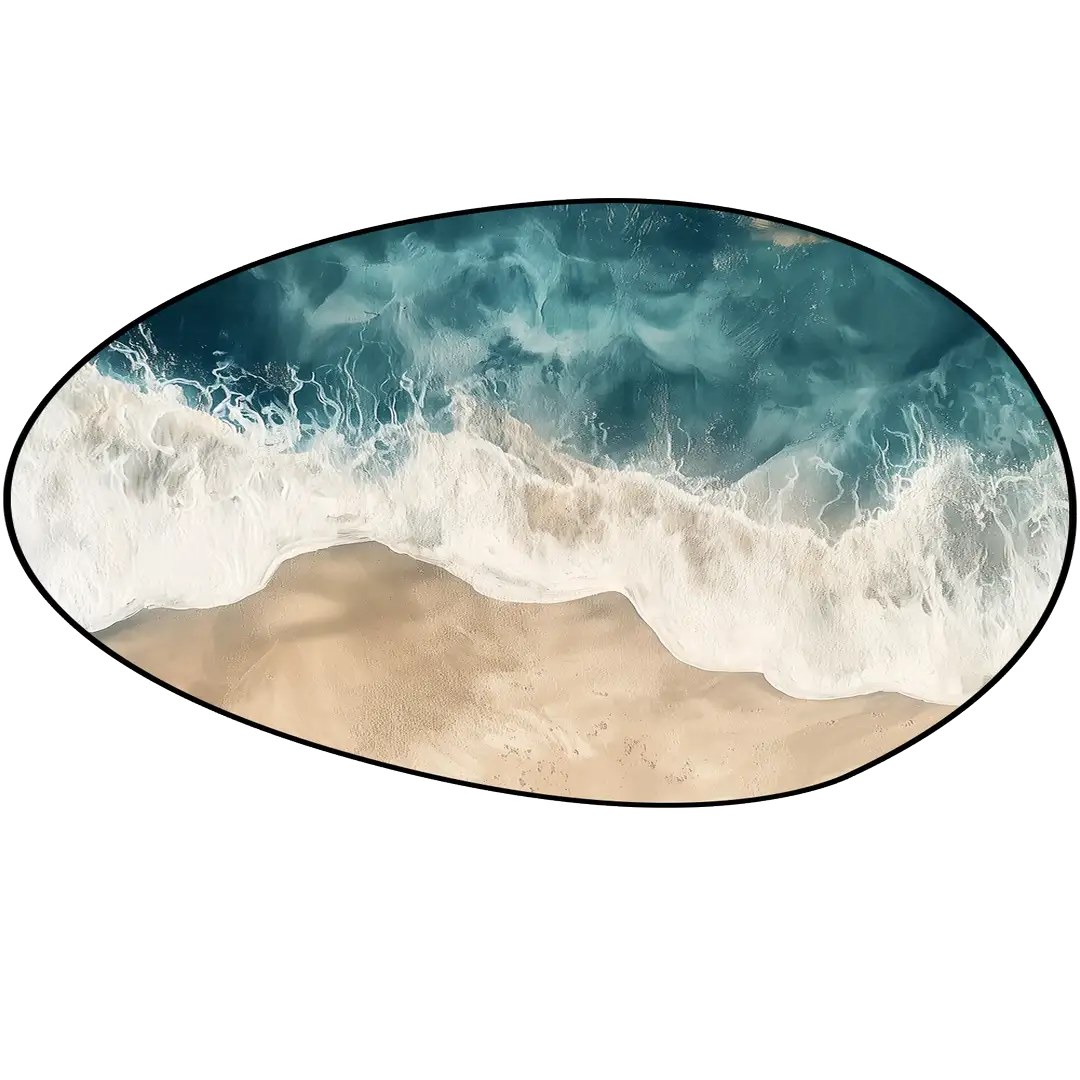 Irregular ocean blue and sand beige rug living room reading nook