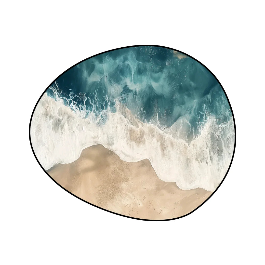 Irregular ocean blue and sand beige rug living room reading nook