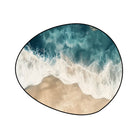 Irregular ocean blue and sand beige rug living room reading nook