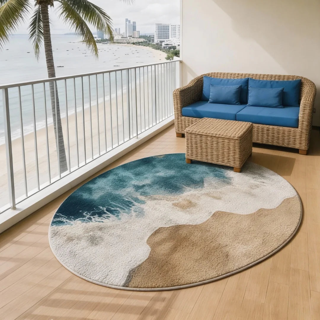 Irregular ocean blue and sand beige rug living room reading nook