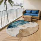 Irregular ocean blue and sand beige rug living room reading nook