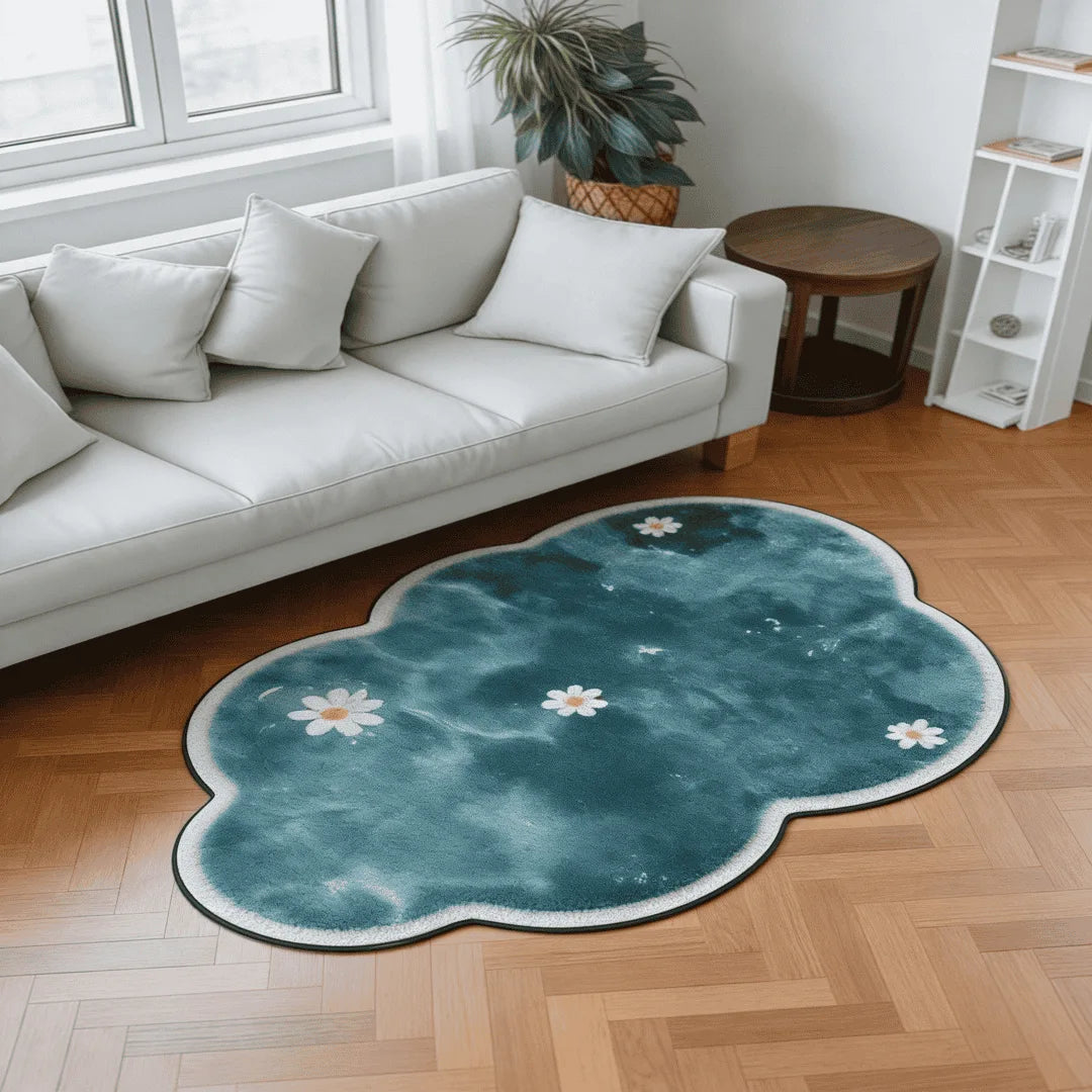 Irregular blue daisy rug living room