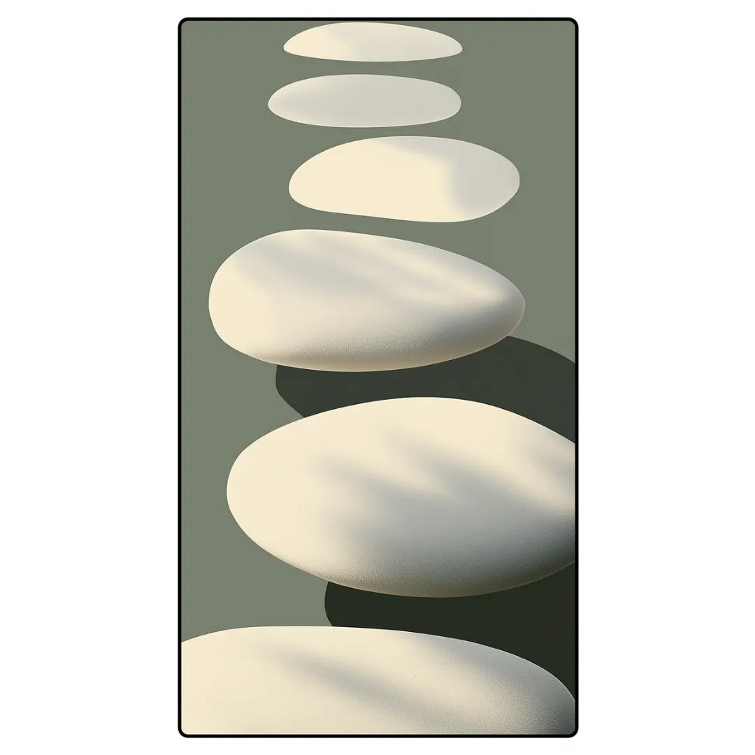 Irregular neutral stone pattern rug featuring layered oval shapes in soft cream and sage tones for hallway entryway