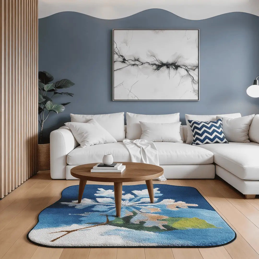 Irregular blue snowflake-inspired rug living room