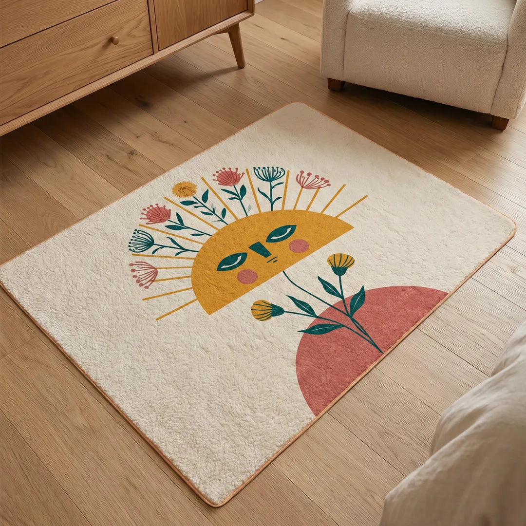 Stamp inspired rug living room