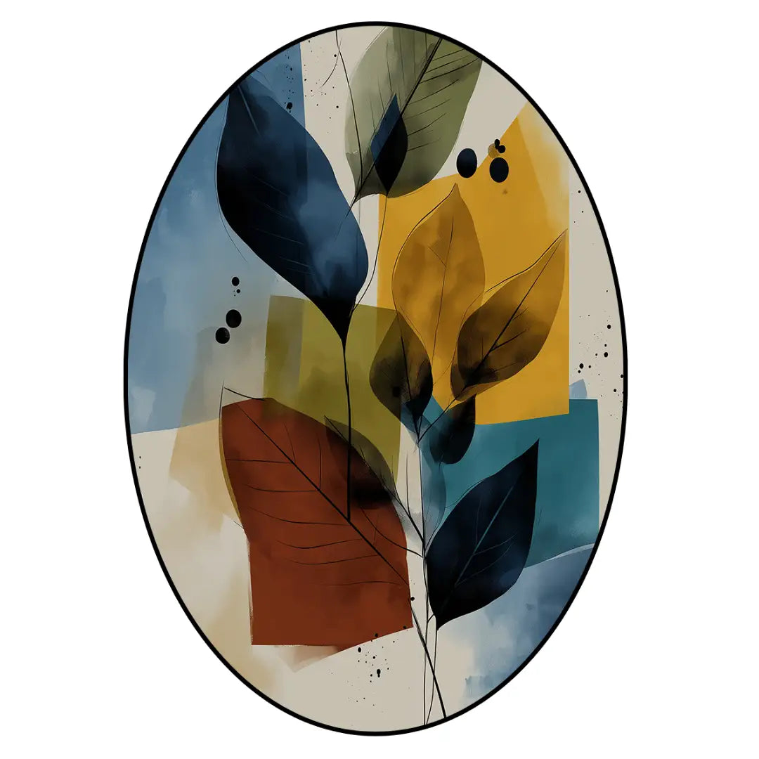 Abstract leaf illustration rug featuring layered organic shapes in teal, mustard, rust, and neutral tones