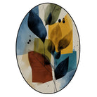 Abstract leaf illustration rug featuring layered organic shapes in teal, mustard, rust, and neutral tones