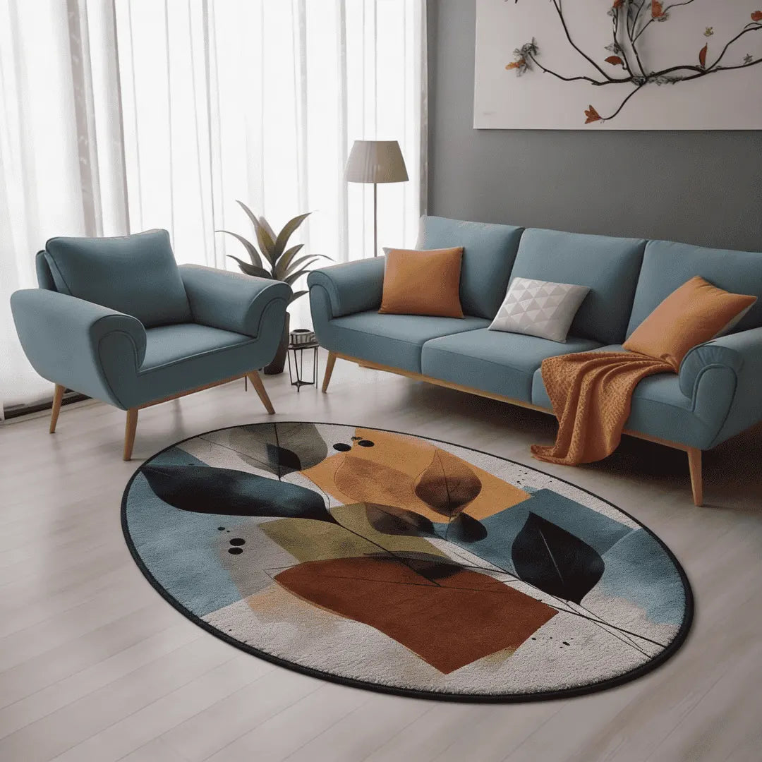 Abstract leaf pattern rug placed in a modern living room with soft seating, natural light, and warm accent pillows