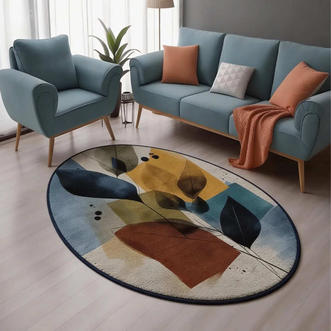 Abstract leaf pattern rug placed in a modern living room with soft seating, natural light, and warm accent pillows