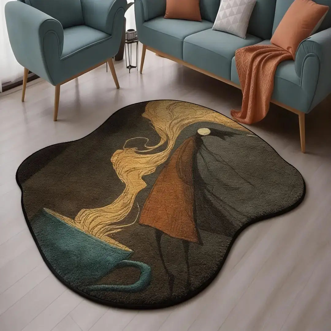 Irregular dark green and amber abstract rug living room