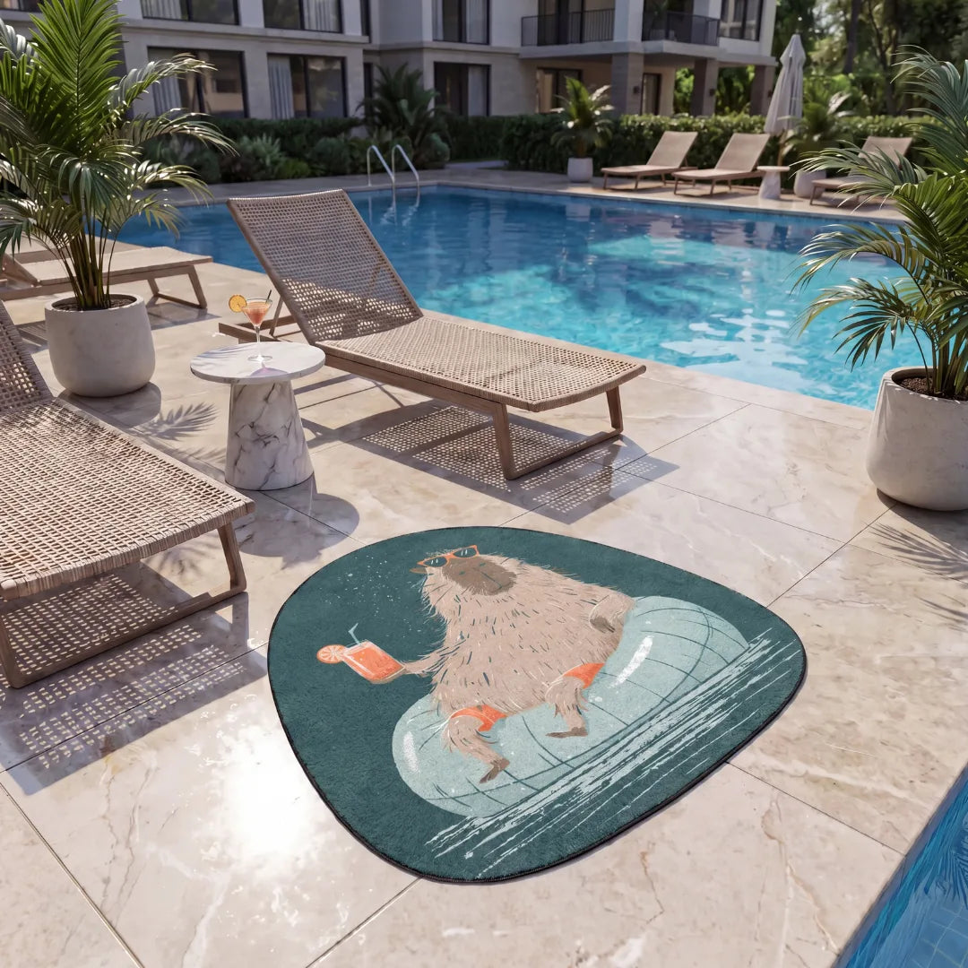 Irregular capybara rug by the pool