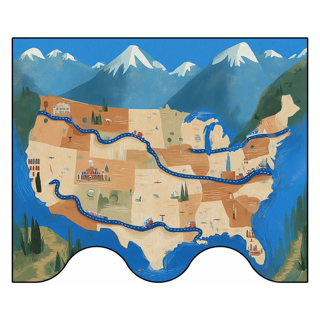 Map of the United States with mountains and rivers on a blue background