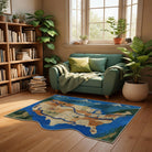 The Gentle Route map-inspired rug styled on a living room floor beside a sofa and bookshelf