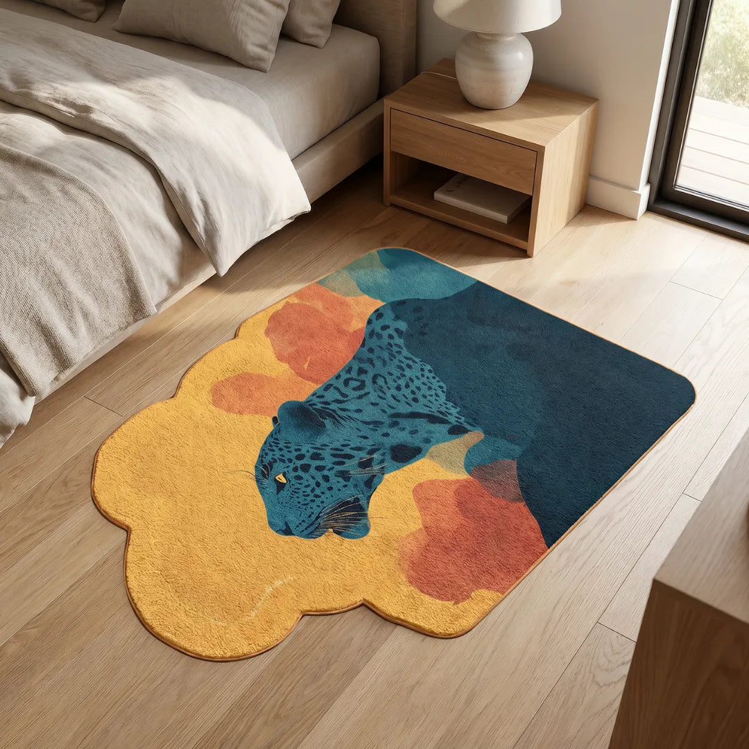 Irregular leopard style rug bedroom