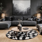 Irregular black and white warped checkered rug living room