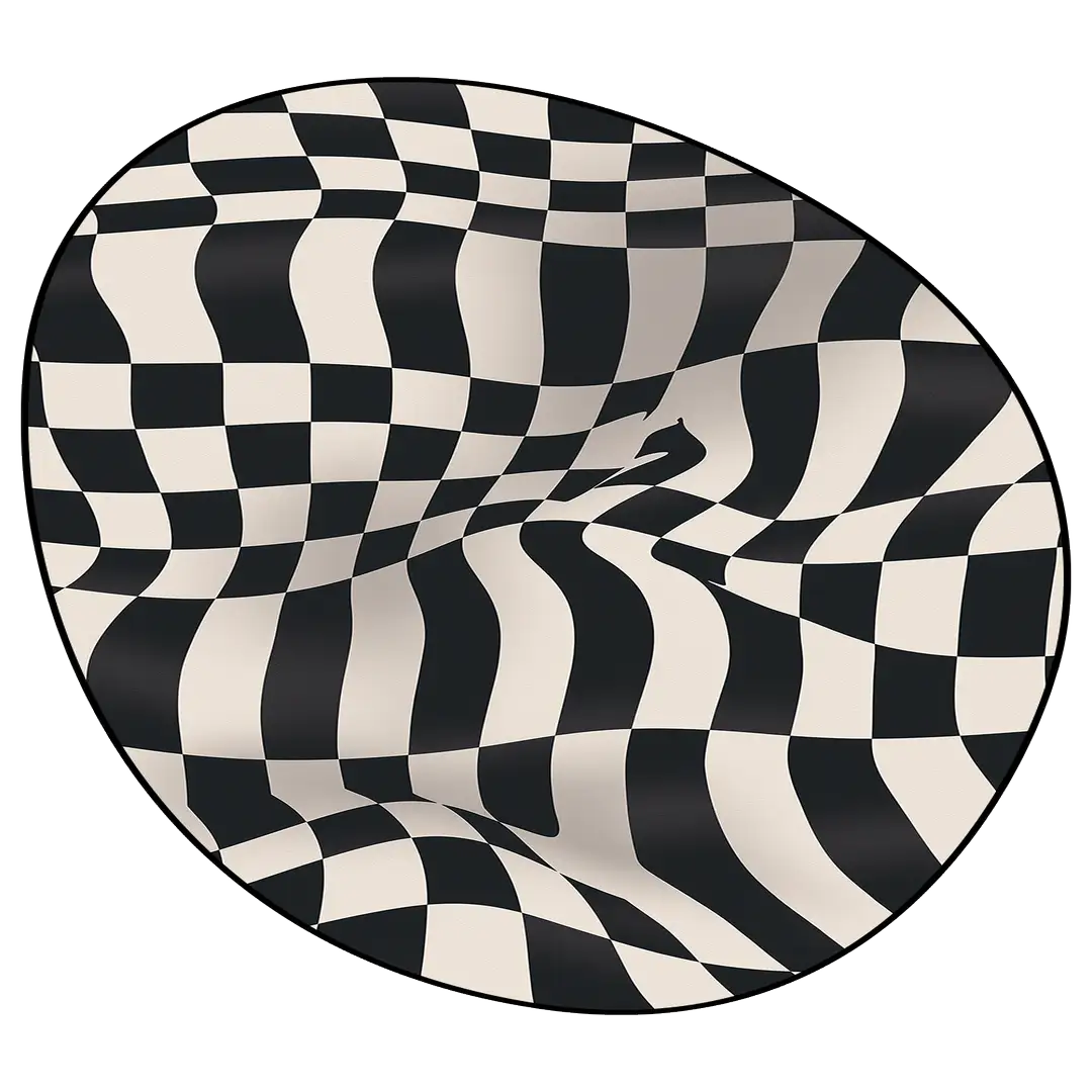 Irregular black and white warped checkered rug living room