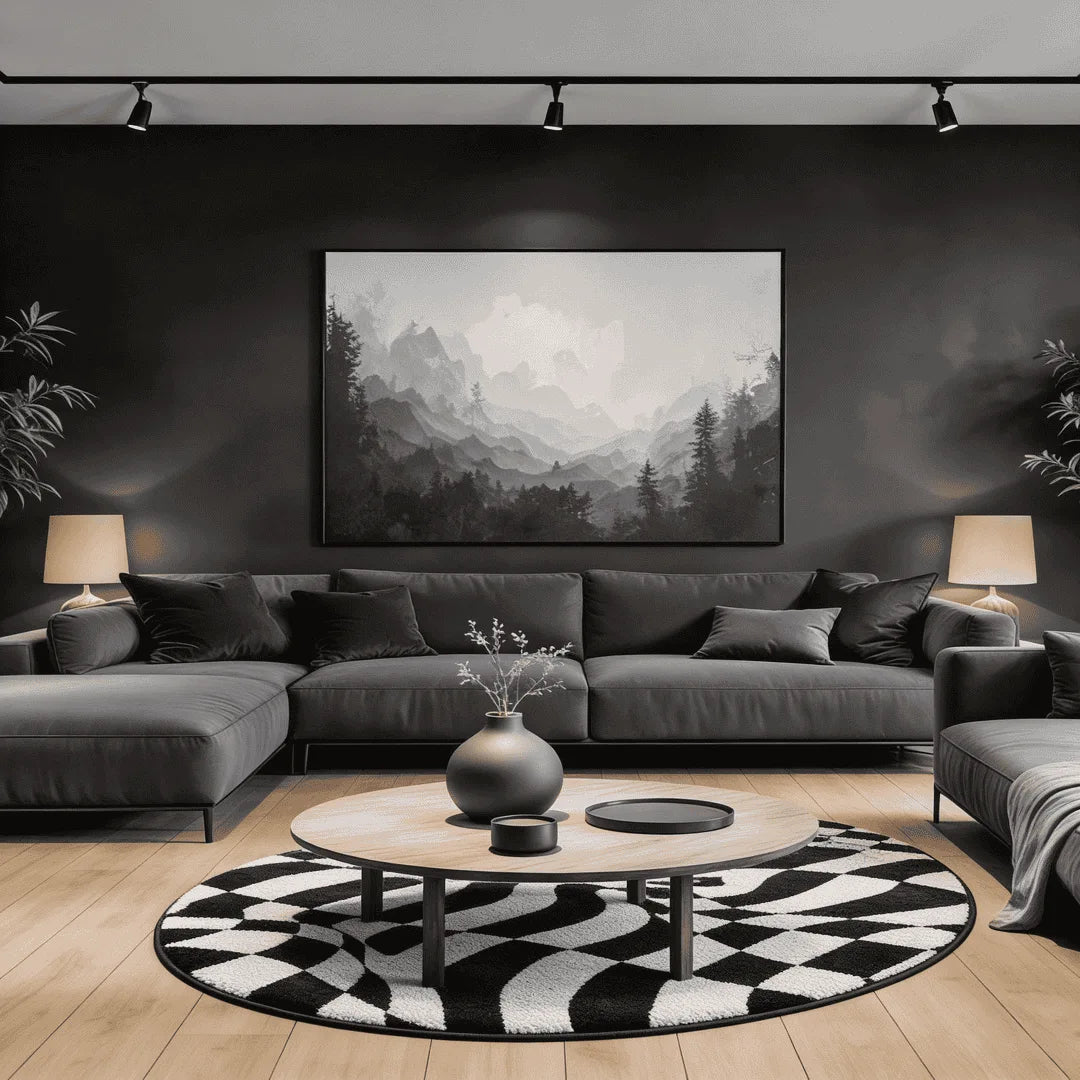 Irregular black and white warped checkered rug living room