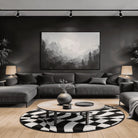 Irregular black and white warped checkered rug living room