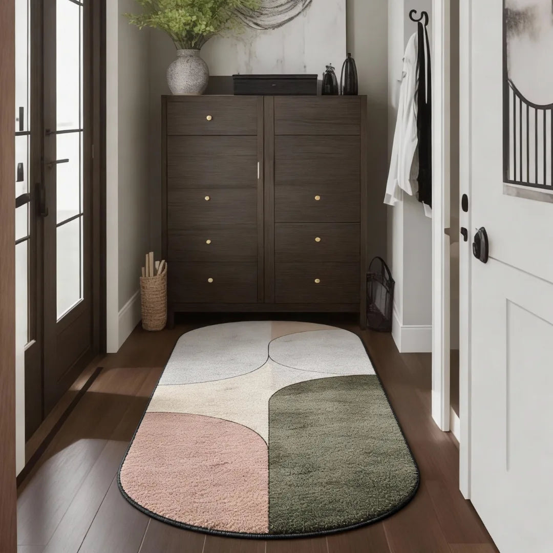 Soft neutral abstract runner rug placed in a modern hallway entryway with warm natural light