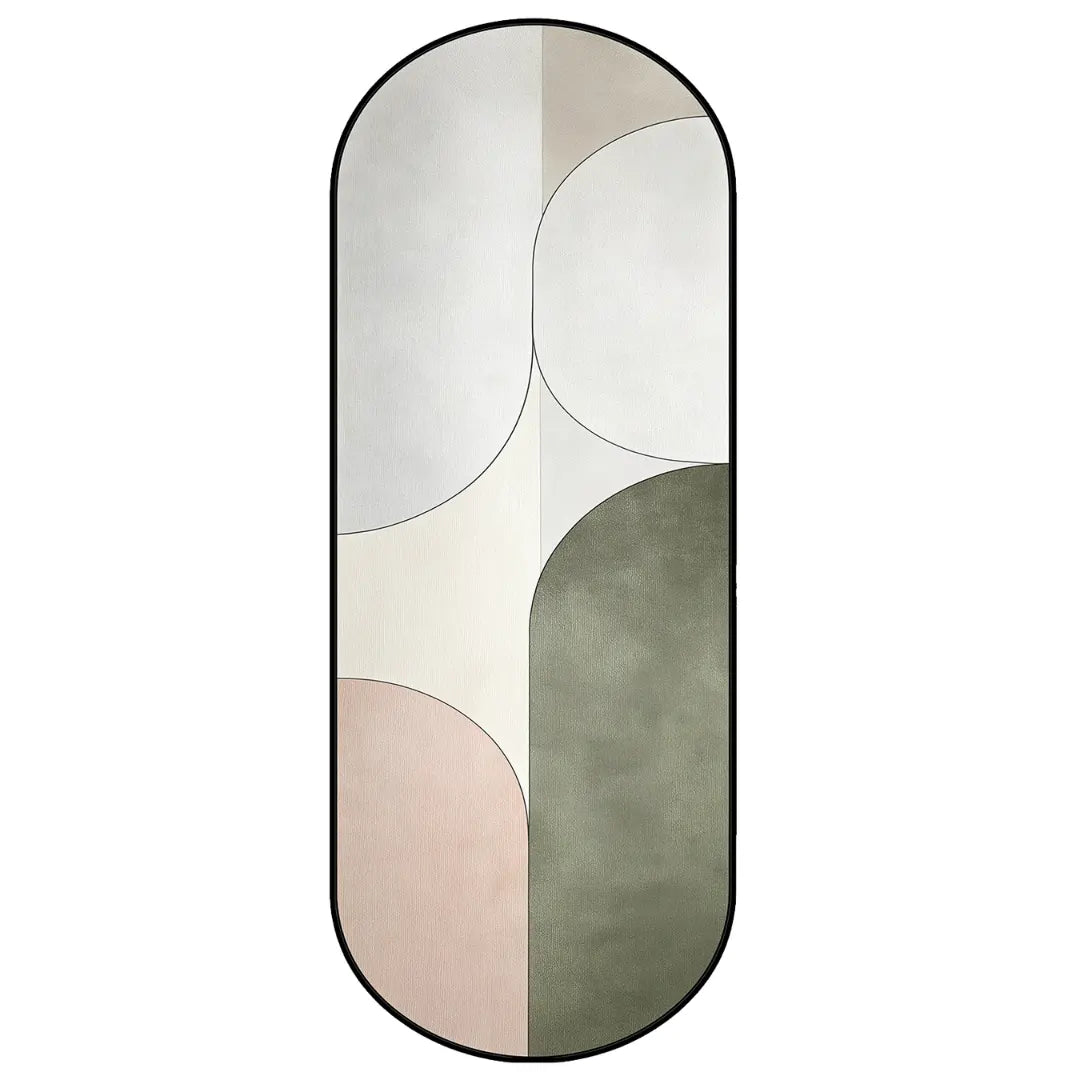 Abstract neutral runner rug featuring curved shapes in beige, sage green, and muted blush tones